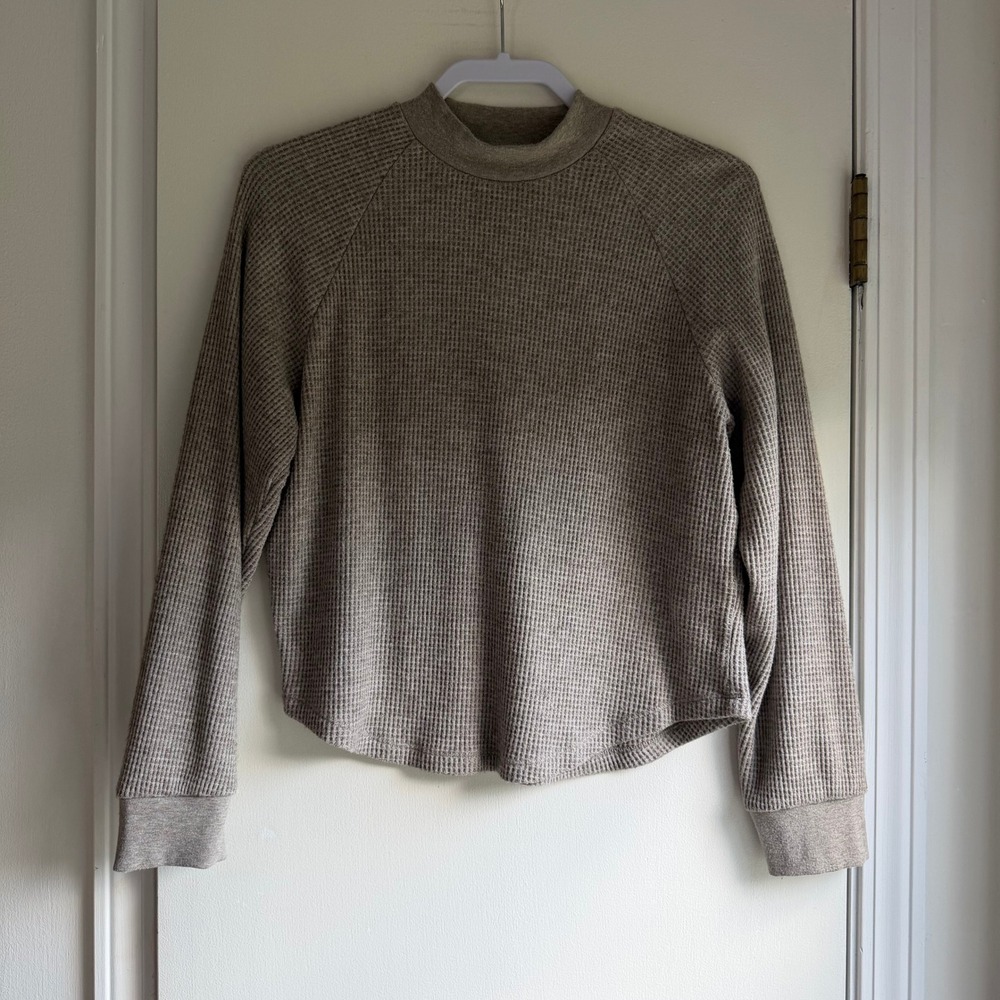 Madewell Womens Mock Neck Waffle Knit Thermal Top Heathered Taupe Brown Medium